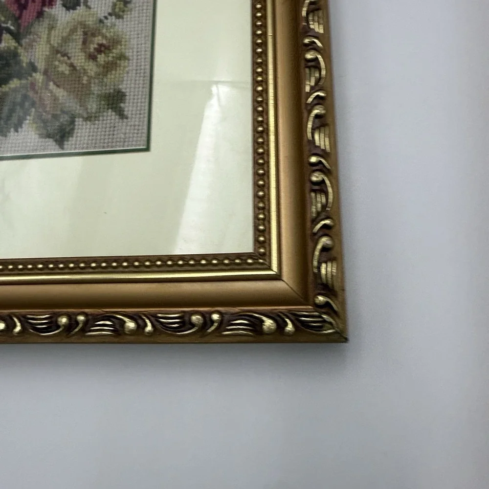 Lot 2 Floral Needlepoint Gold Matte Frame Cross Stitch Pair Hanging Cottagecore